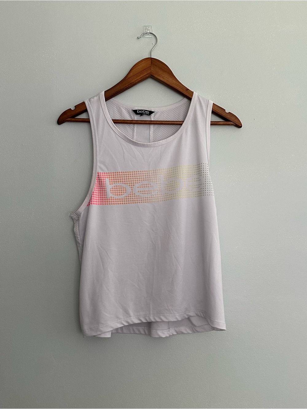 bebe Sport White Mesh Back Gradient Logo Tank Top Y2K Gym Athleisure